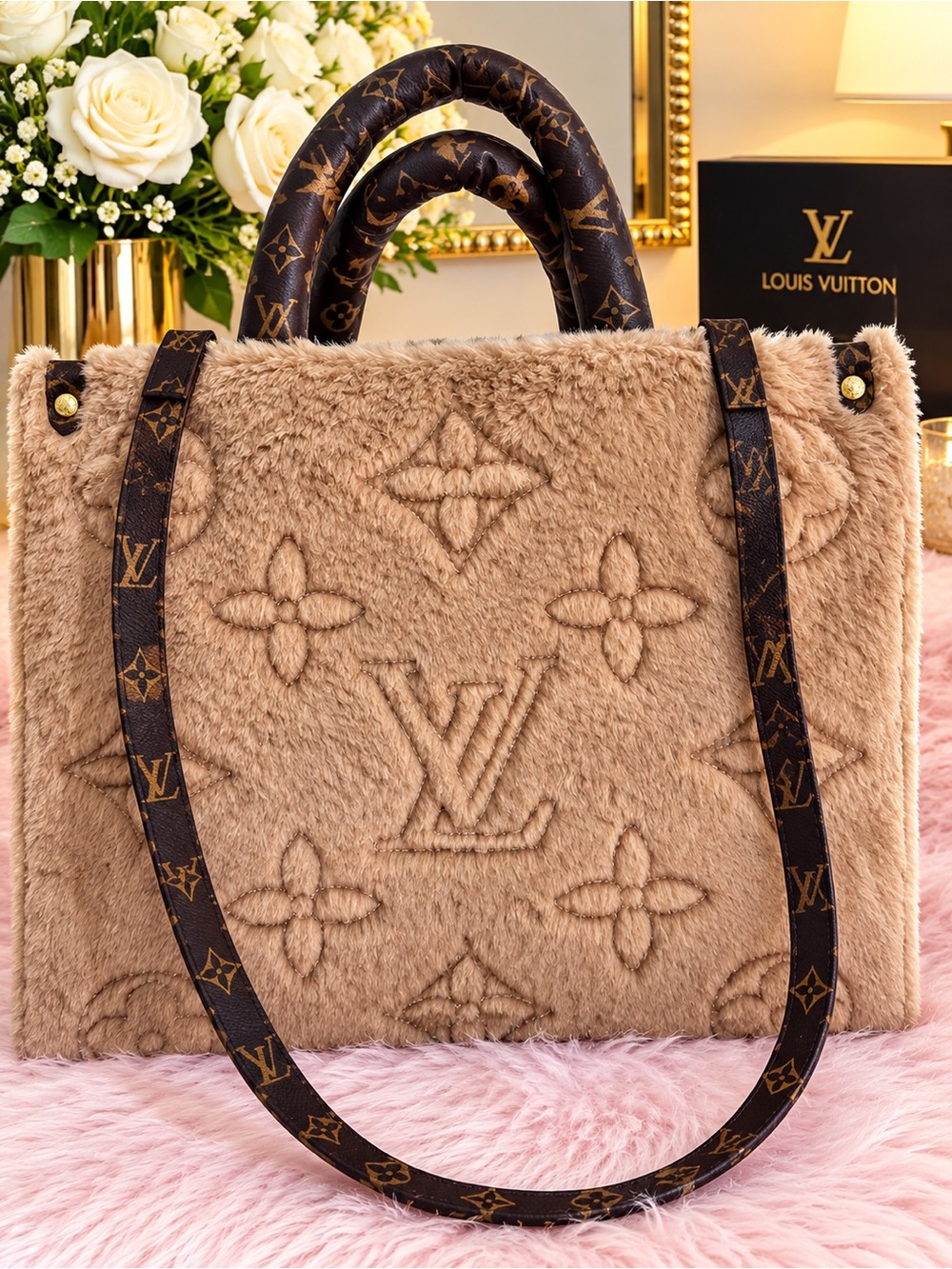 Source Unknown Tan Shearling Tote with Monogram Straps